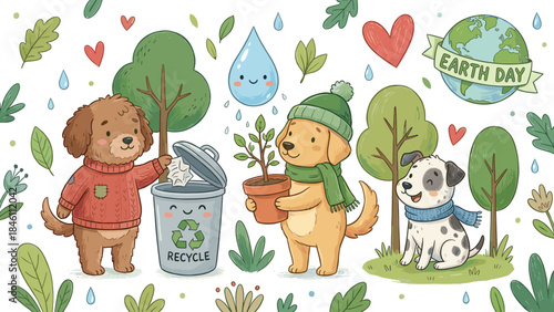 Cute Earth Day illustration with dogs recycling and planting trees, eco friendly animals caring nature, sustainability concept, environmental education artwork