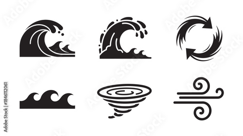 Dynamic Weather and Ocean Current Symbols Including Crashing Waves Swirls Whirlpools and Wind Gusts for Meteorological Charts Surfing Reports and Marine Navigation Graphic Design Elements
