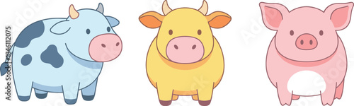 Cute farm animal illustration set, cow pig cartoon characters, simple flat style, adorable livestock icons, children friendly design, isolated background