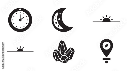  Nautical Time and Navigation Icons Featuring Clock Moon Phases Sunrises Crystals and Compass Location Markers for Maritime Journey Planning and Astronomical Coastal Observation Graphics
