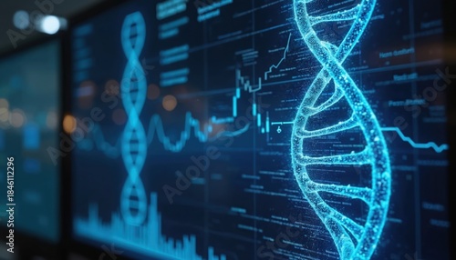 Holographic DNA helix displays on screen with data charts and graphs. Futuristic medical interface shows genetic sequence analysis. Digital lab equipment informs scientific research progress.
