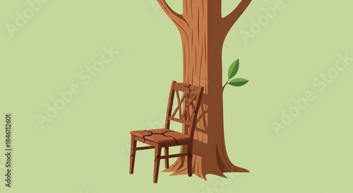 Abandoned wooden chair outdoors, broken chair outdoors with human impact nature and neglected outdoor furniture, suitable for poster design, article header, and environmental concept illustration.