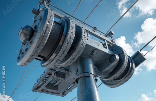 Heavy duty mechanical system with large pulleys and cables against blue sky. This industrial device looks like part of a ski lift or a cable car terminal. The large sheave rotates on a robust mount.