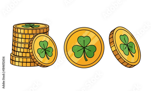 Lucky golden coins with shamrock symbols for St
