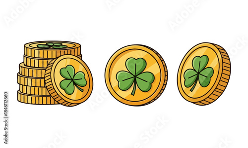 Golden coins with shamrock clover leaves, symbolizing luck and fortune for St