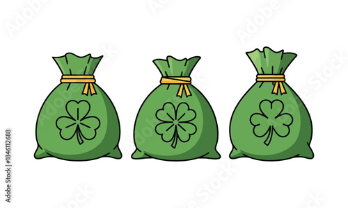 Three green bags with shamrocks symbolizing luck and wealth for Saint Patrick's Day celebrations