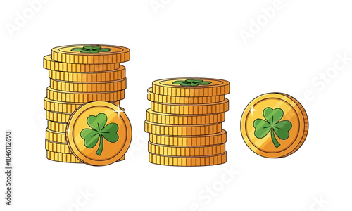 Stacks of gold coins adorned with shamrocks, symbolizing luck and wealth