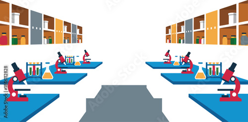 A flat vector illustration of an empty science laboratory classroom with multiple workstations illustration
