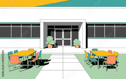 A graphic illustration capturing a vibrant outdoor seating area at a modern building illustration