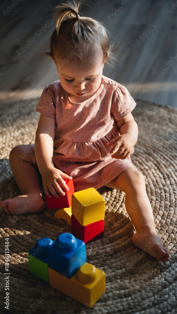Naklejka premium Young girl playing with colorful blocks on a textured rug indoors.