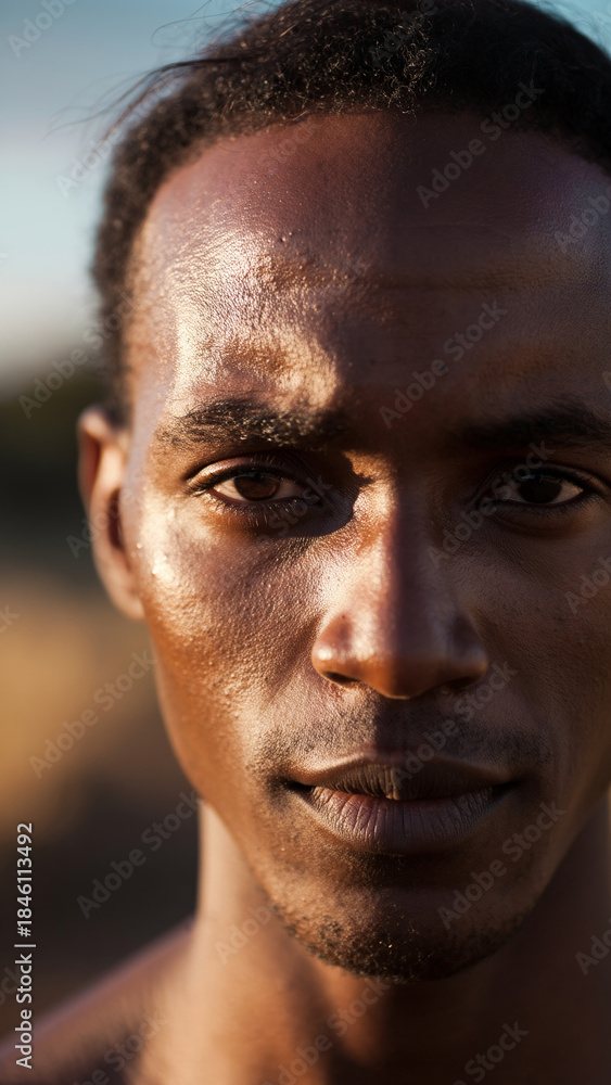 Obraz premium Close-up portrait of a young man with dark skin and short curly hair.