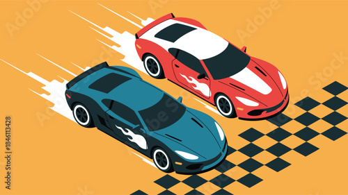  A high speed race between two colorful sports cars speeding toward the checkered finish line illustration