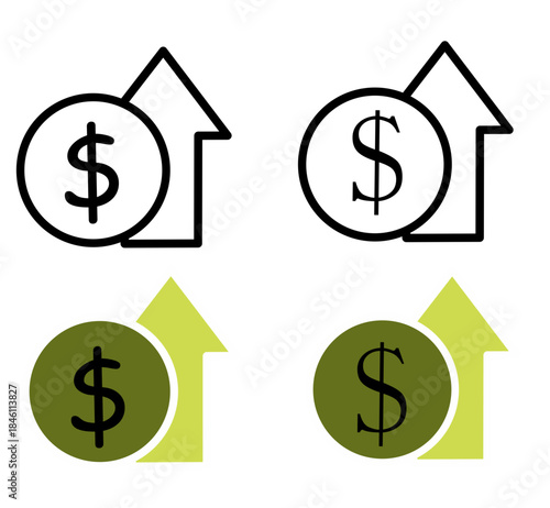 Up dollar icon with clean modern design, symbolizing financial growth, rising income, increased profit, positive economy, investment success, and market improvement
