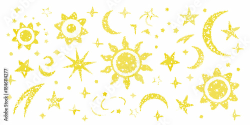 Golden celestial shapes suns moons and stars in a childlike drawing style