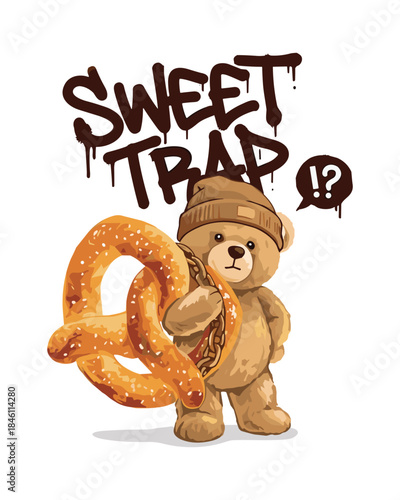 Vector illustration of a cute teddy bear wearing a beanie, carrying a large pretzel and looking quizzically with sweet trap graffiti art style
