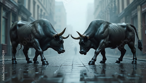 Two bronze bulls charge on wet city street. Taurus symbols represent stock market financial sector. Aggressive bull market trend idea, bull vs bear concept. Economy financial fight, trading battle.