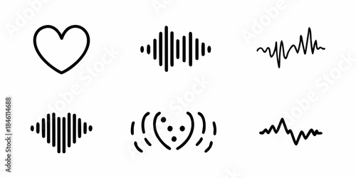 A collection of simple black line drawings heart sound waves and faces