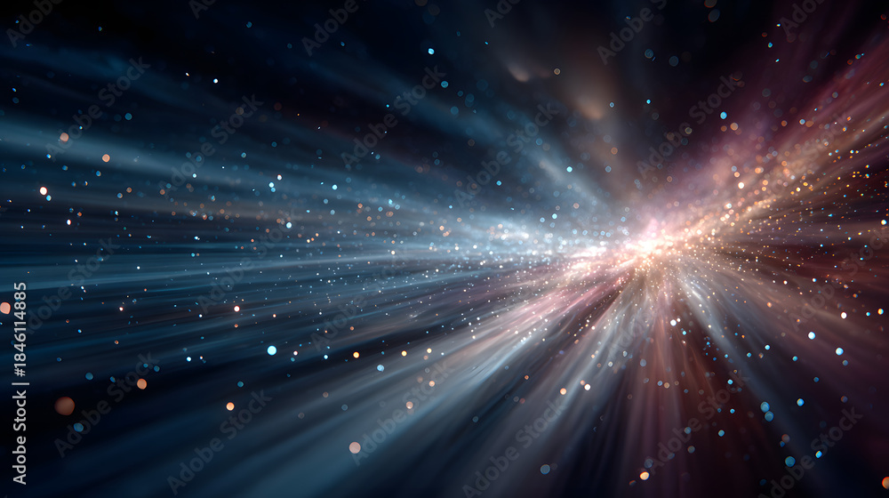 Obraz premium Abstract holiday background with blurred rays and sparkles. Fantastic blue and rose light effect. Digital fractal art. 3d rendering.