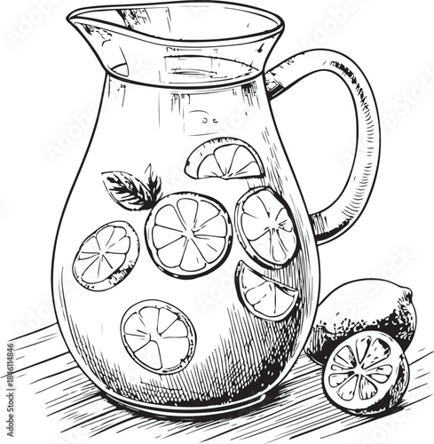 Lemonade in Jug or Pitcher Hand-drawn Sketch Drawing Vector Illustration, Line Linear Symbol Engraving Coloring Book, Black and White Isolated