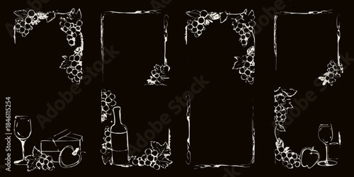 Elegant wine themed design with grapes bottles glasses and decorative frames
