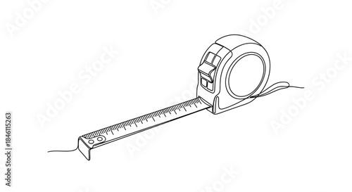 Continuous line drawing of a retractable tape measure tool with its blade extended and markings for measurement on a white background