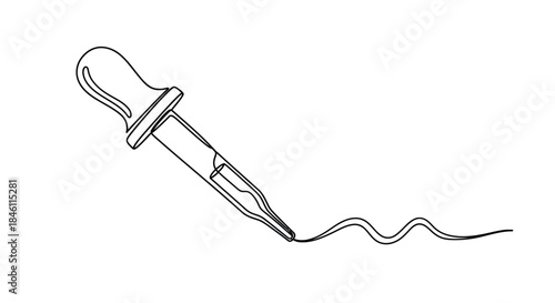 Minimalist single line drawing of a laboratory dropper dispensing a wavy line of liquid on a white background