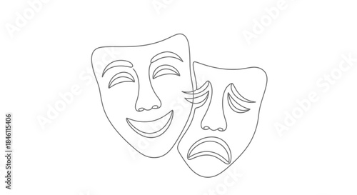 Classic comedy and tragedy theater masks drawn in continuous line art style on white background