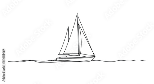 Elegant single line drawing of a modern sailboat with full sails gliding across wavy water on a white background