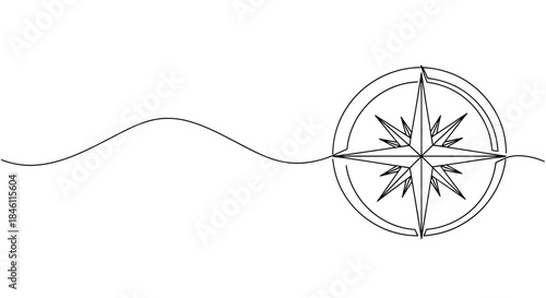 Minimalist continuous line drawing of a compass rose with a flowing wavy line representing direction and journey
