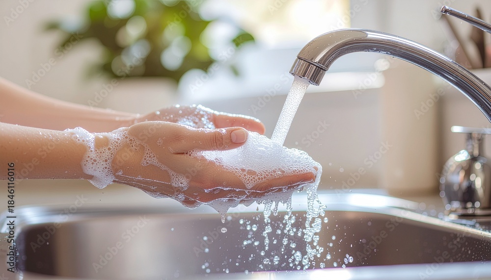 Fototapeta premium Hands Covered in Soap Lather Washing Under Running Water in a Sink