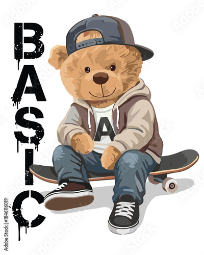 Whimsical vector illustration of a cool bear sitting on a skateboard wearing trendy streetwear, perfect for youthful designs and urban themes.