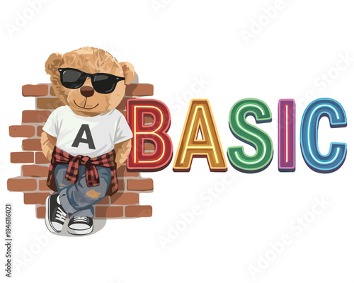Vibrant vector illustration of a bear leaning against a brick wall with a colorful 'BASIC' sign, perfect for playful branding and youthful designs.
