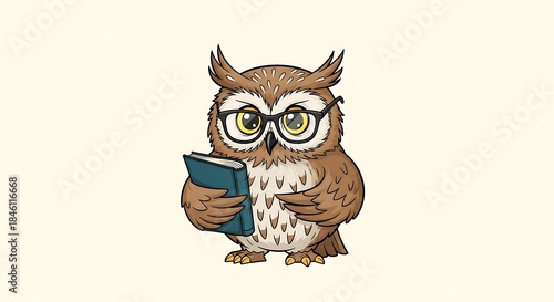 Cute cartoon owl wearing glasses reading a book.
