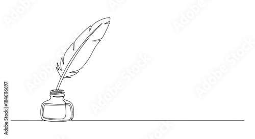 Minimalist single line drawing of a quill pen resting in an inkwell on a white background with copy space