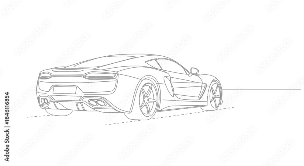 Obraz premium Sleek modern sports car rear view line drawing illustration on a clean white background with subtle road markings
