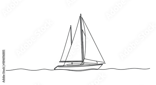 Minimalist black and white single line drawing of a sailboat with two sails gliding on wavy ocean water