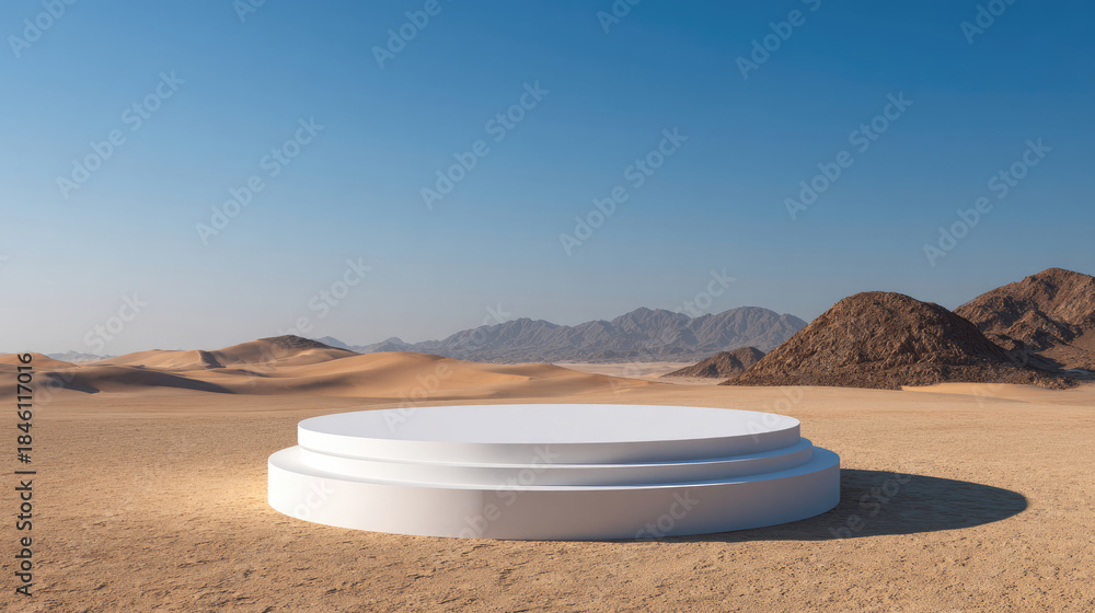 Obraz premium Elevated white platform stage in desert landscape under bright sky