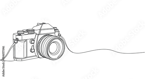 Minimalist single line drawing of a vintage camera with a flowing film strip extending into white space