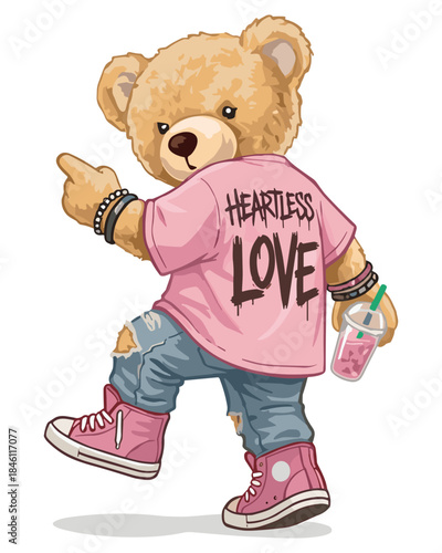 Vector illustration of a trendy teddy bear wearing a t-shirt and ripped jeans, accessorized with bracelets and holding a beverage