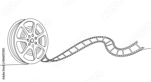 Classic film reel unspooling a long strip of vintage movie film with perforations on a clean white background