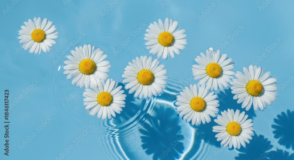 Fototapeta premium Floral Serenity: Delicate Chamomile Flowers Floating on Aqua Surface Creating Calm Ripple Effect Floral Arrangement Tranquility Natural Beauty