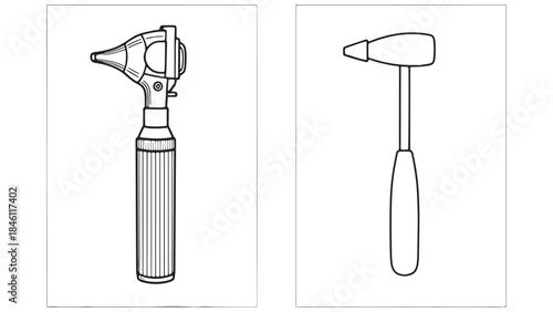 Vector illustration set of medical diagnostic instruments including an otoscope and reflex hammer for doctor examination