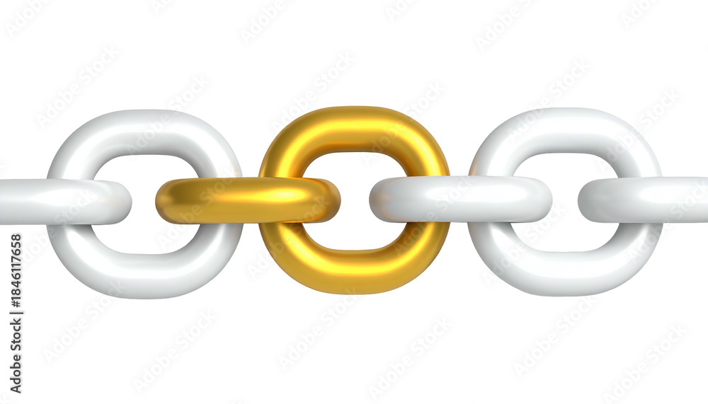 Fototapeta premium Three interlocked chain links against a black background. One link is gold; the two outer links are white and shiny