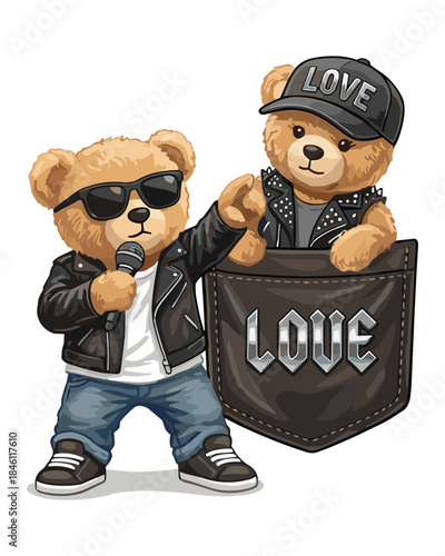 Dynamic vector illustration of two cool teddy bears dressed as rock stars, one singing and the other in a pocket with a Love cap.