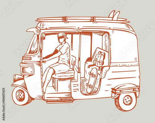 Illustration of a Tuk Tuk in a casual style, alluding to surfing and skateboarding.