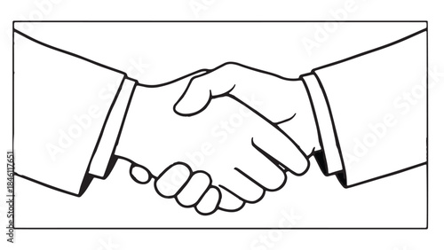 Vector line art illustration of two hands shaking in a business handshake gesture representing partnership and corporate agreement