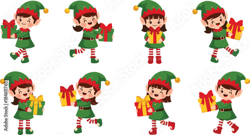 Cute Christmas Elf Girls Vector Collection Carrying Holiday Presents, Festive Santa's Helpers with Gift Boxes, Adorable Children's Characters for Winter Season Graphic Design and Decoration.
