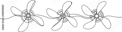 Continuous line drawing of three propeller rotors or boat screws on a stylized wavy line, black and white vector sketch of turbine blades, minimalist outline artwork, modern machine part illustration.