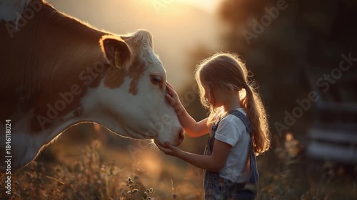 Kindred Spirit: A young girl shares a tender moment of affection with a gentle cow, her hand delicately caressing its soft nose. Bathed in the warm glow of the sun.
