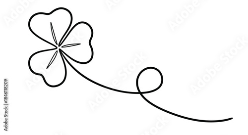 Elegant minimalist black outline of a four leaf clover with a flowing stem and loop on a white background